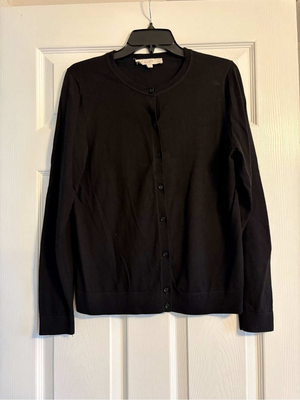 LOFT Petite Black Crewneck Button-Front Cardigan Sweater